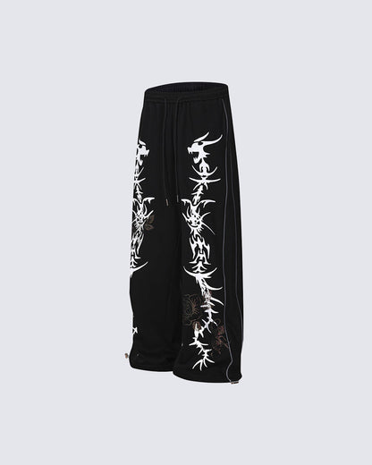 Y2K Dark Dragon Rose Rhinestone Straight Leg Sweatpants