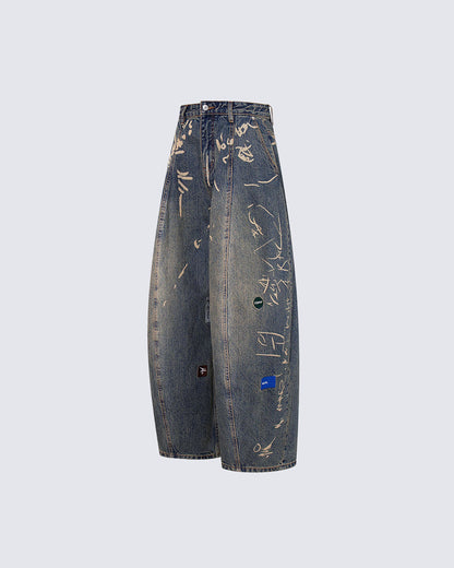 Vintage Graffiti Print Wide Leg Denim Pants New