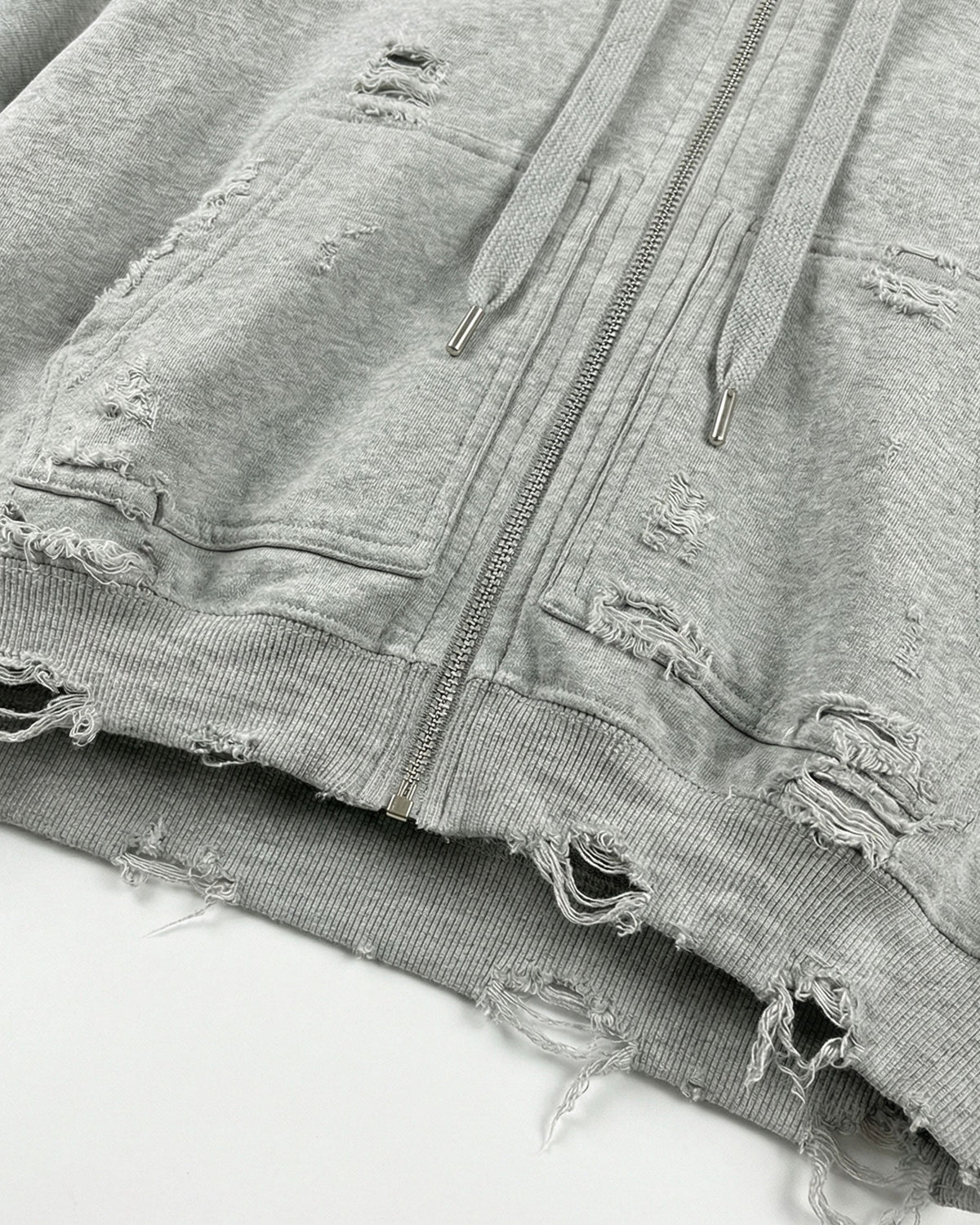 LOW SATURATION-Distressed Cropped Zip-Up Hoodie