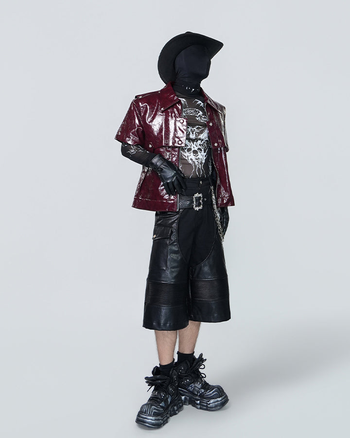 Gothic Deconstructed Patchwork Heavy PU Cargo Shorts