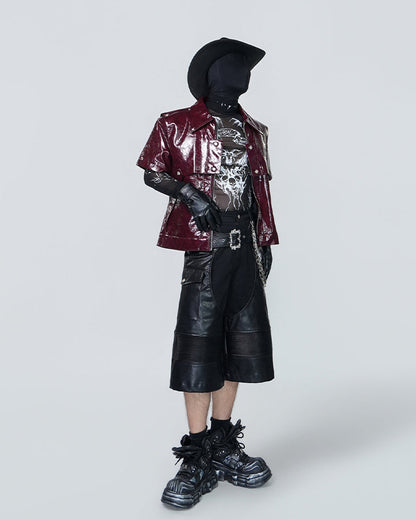Gothic Deconstructed Patchwork Heavy PU Cargo Shorts