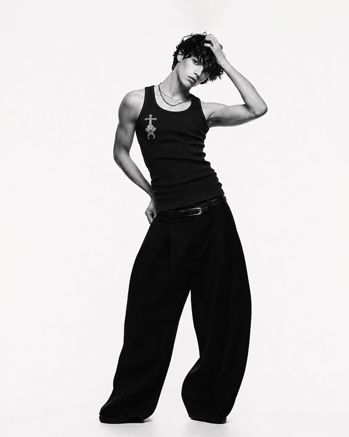 KIIKIO Gothic Cross Embroidered Slim Fit Ribbed Tank Top