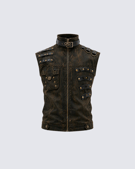 KIIKIO Retro-Style Distressed Metal-Rivet Versatile Vest