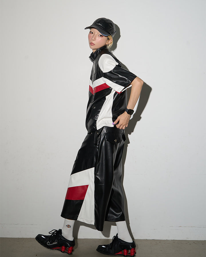 New Racing Moto Avant-Garde Contrast Panel PU Shorts