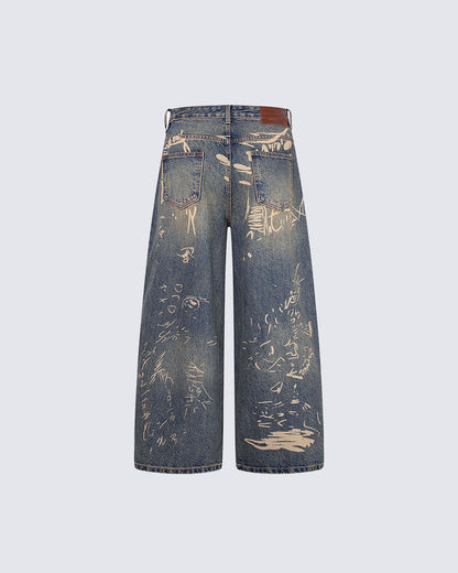 Vintage Graffiti Print Wide Leg Denim Pants New
