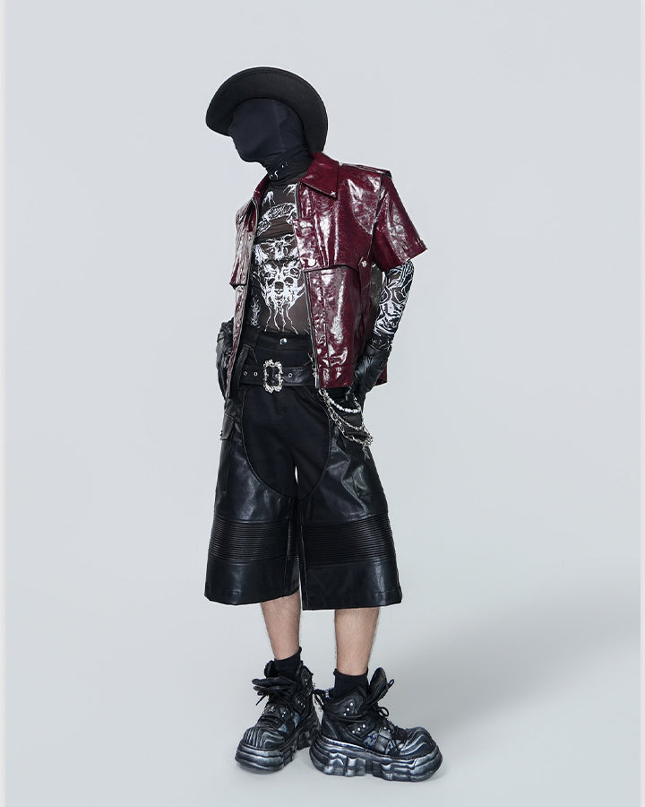 Gothic Deconstructed Patchwork Heavy PU Cargo Shorts