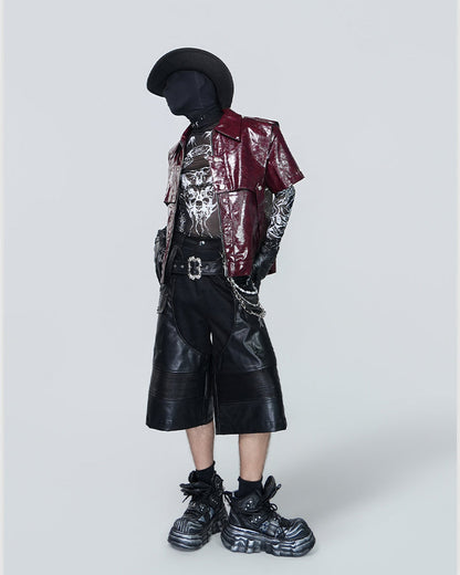 Gothic Deconstructed Patchwork Heavy PU Cargo Shorts