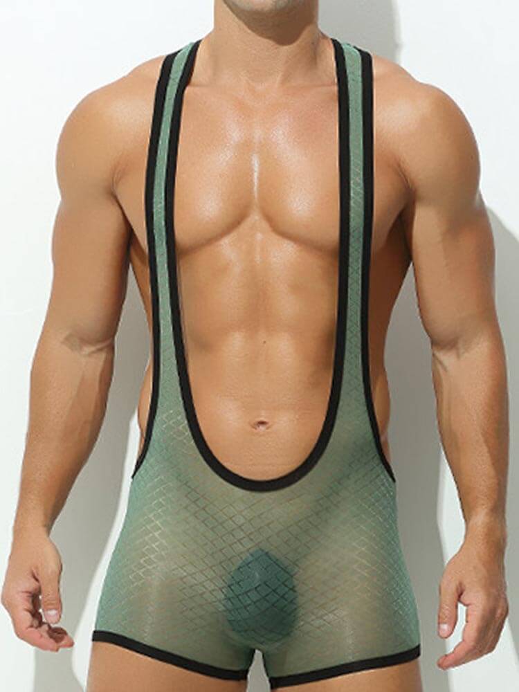 Men's Sexy Transparent Deep V Suspender Bodysuit