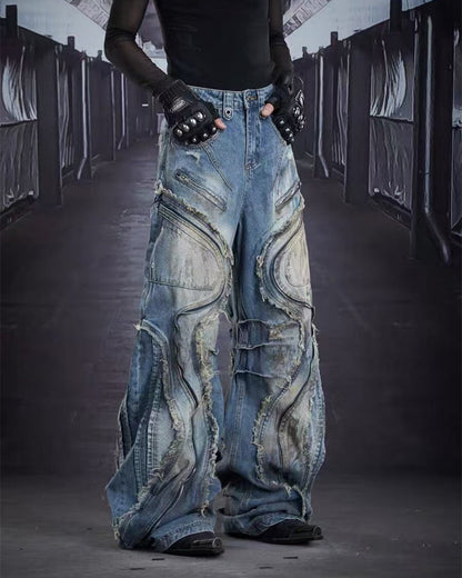 Dark Wavy Zipper Deconstructed Wide Denim Pants New