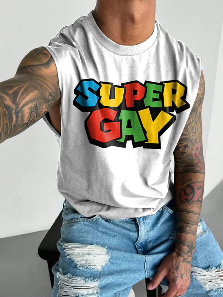 Men's LGBTQ Super Gay Rainbow Print Wide Shoulder Vest