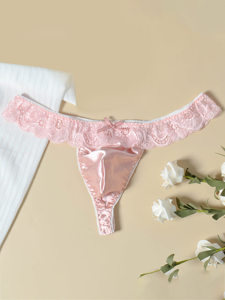 Men's Lace Trim Low-Rise Satin Seamless Thong