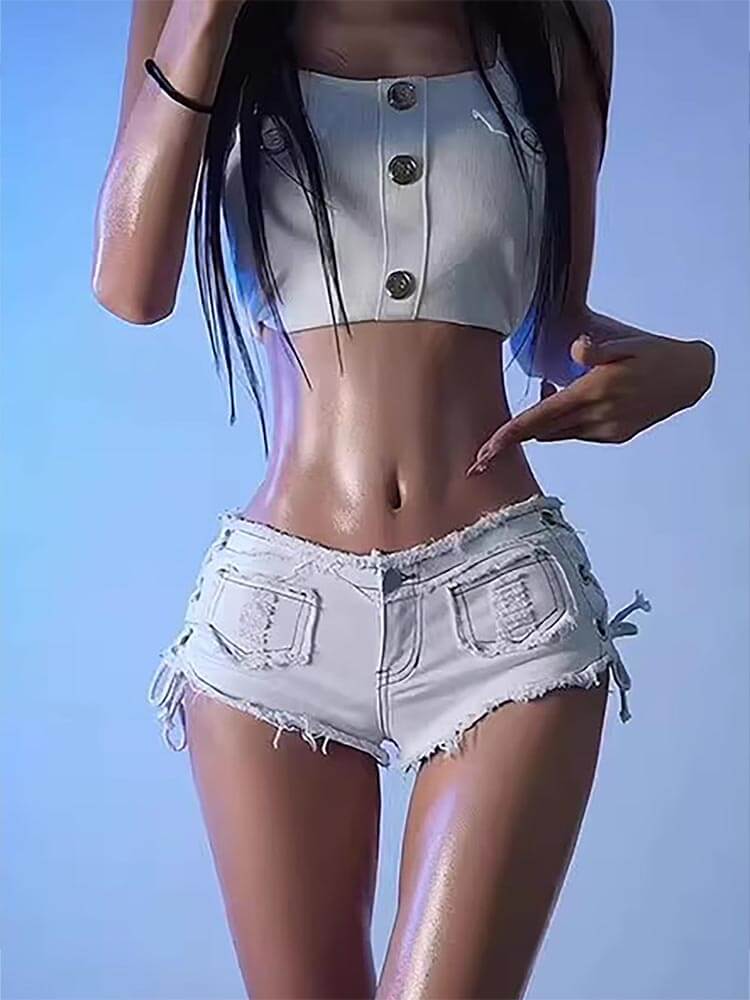 Sexy Side-Slit Tie-Up Low-Rise Frayed Hem Shorts