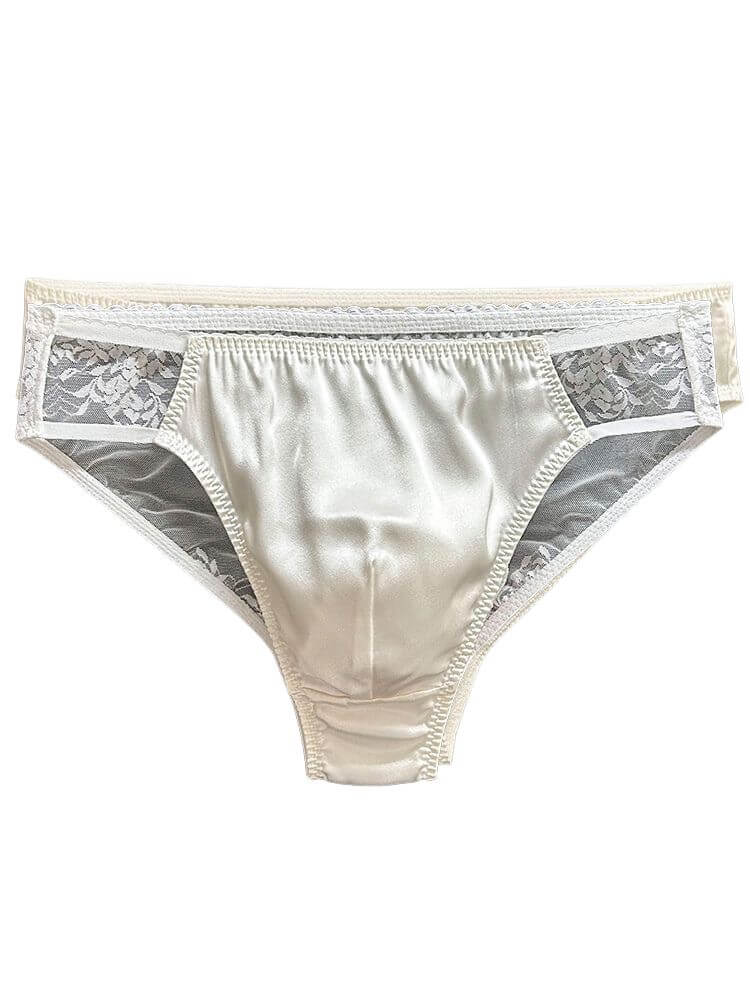 Men's Sexy Transparent Lace Patchwork Silk Briefs