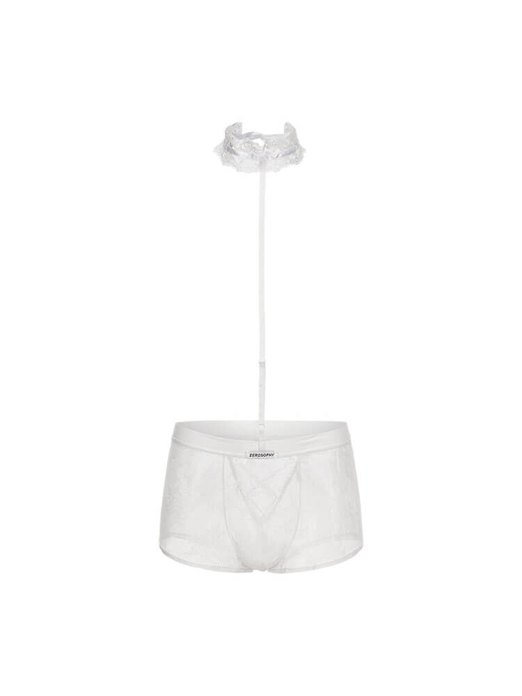 Men's Sexy White Lace Choker Cutout Boxer Briefs Set