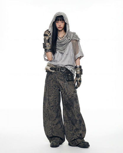 Leopard Double Animal-Texture Washed Wide-Leg Jeans