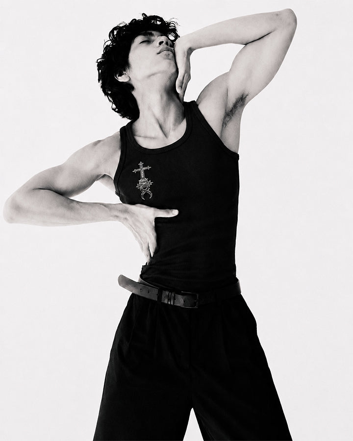 KIIKIO Gothic Cross Embroidered Slim Fit Ribbed Tank Top