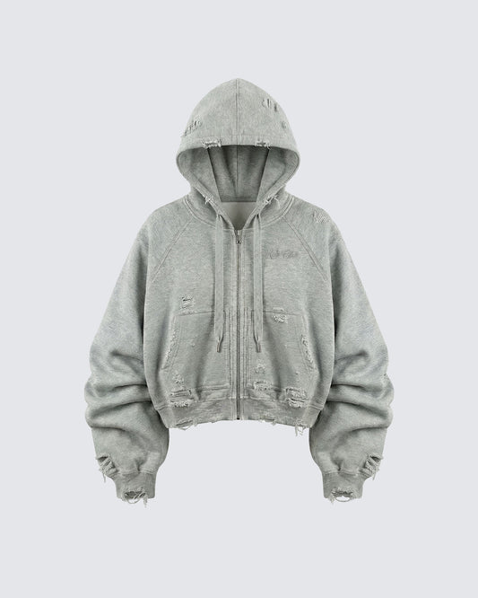 LOW SATURATION-Distressed Cropped Zip-Up Hoodie