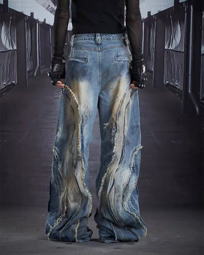 Dark Wavy Zipper Deconstructed Wide Denim Pants New