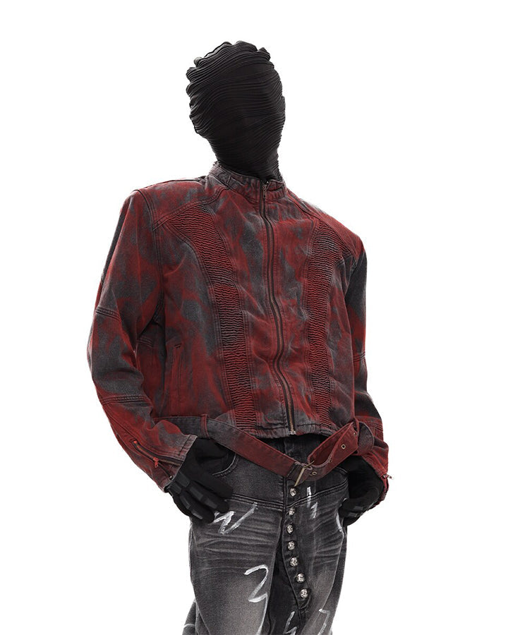New Red Gothic Washed Belted Cropped Biker Jacket
