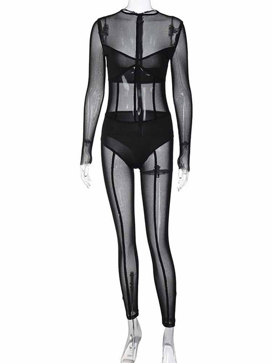Long Sleeve Mesh Semi-Sheer One-Piece Pants