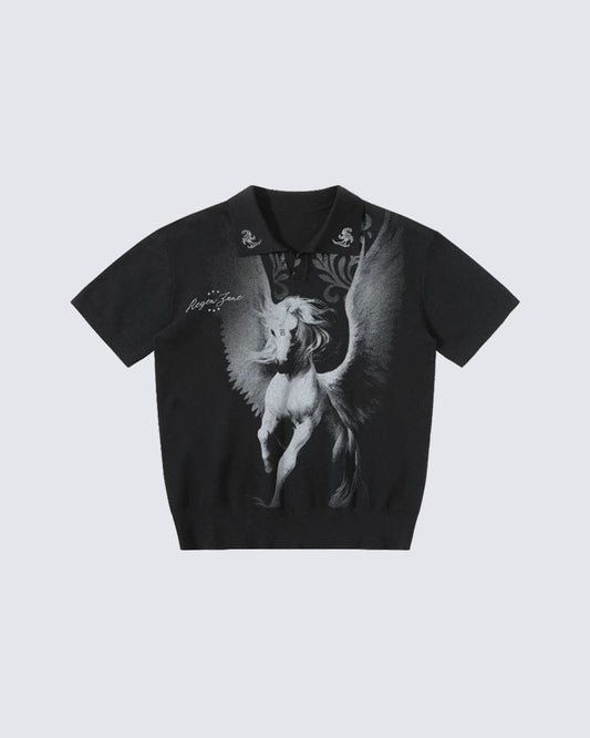 American Street Style Retro Pegasus Print Polo Collar Top