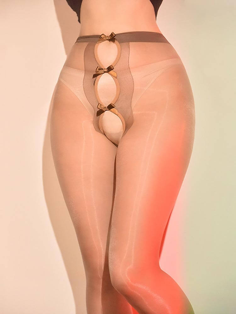 Sexy Glossy No-Remove Bow-Tie Open-Crotch Stockings