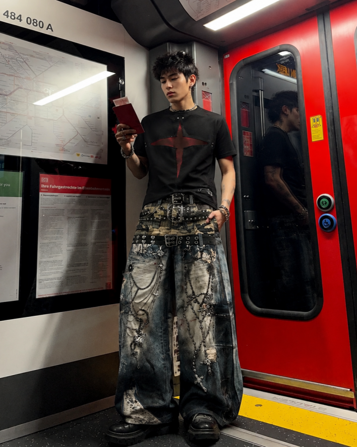 American High-Street Heavy-Duty Metal Chain Printed Pants