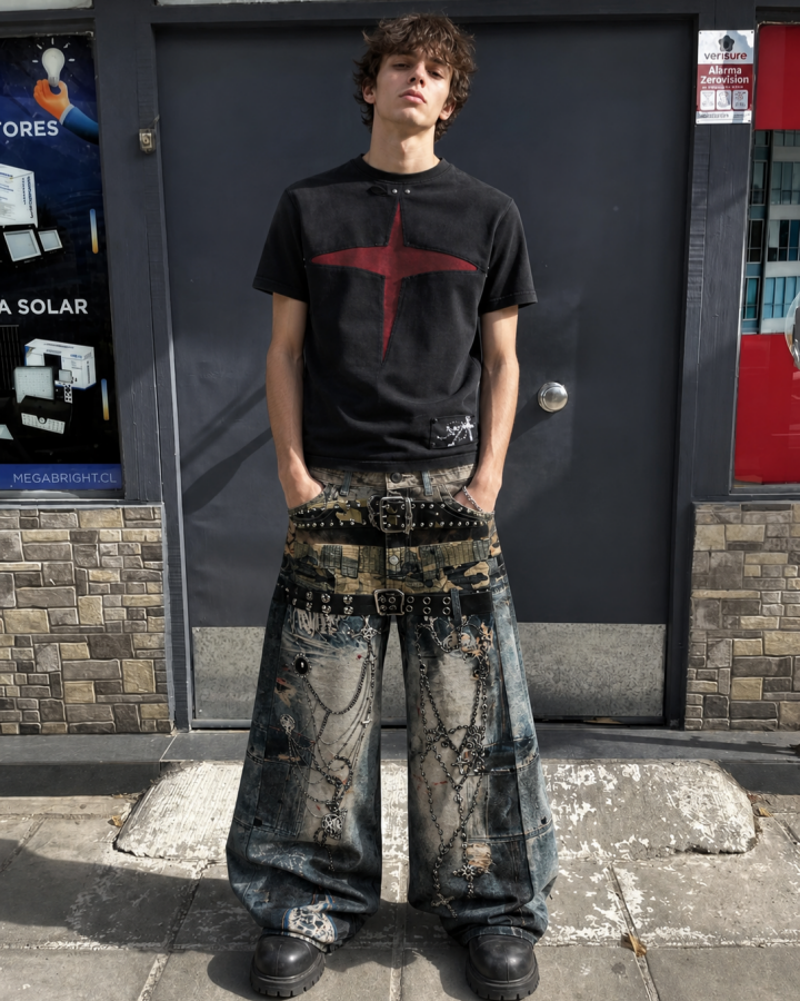 American High-Street Heavy-Duty Metal Chain Printed Pants