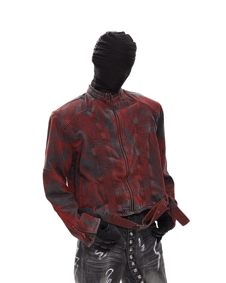 New Red Gothic Washed Belted Cropped Biker Jacket