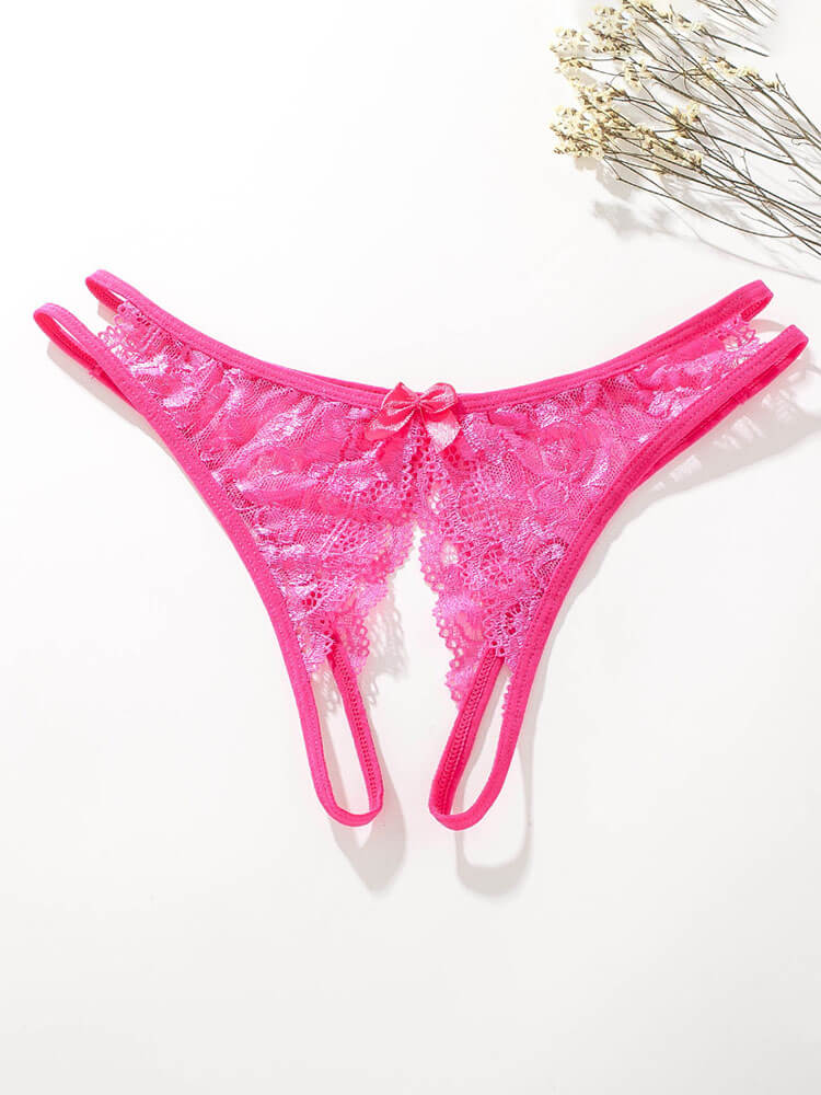 Sexy See-Through Bow Lace Open-Crotch Thong