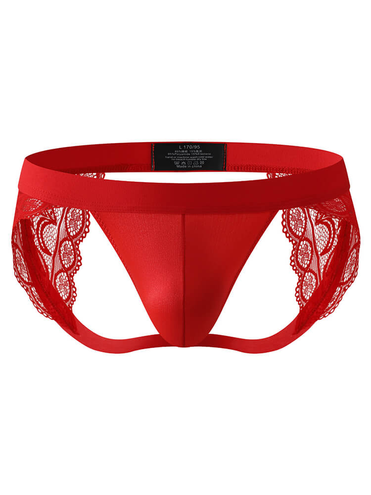 Men's Sexy Low-Rise Hollowed-Out Lace Silky Double Thong