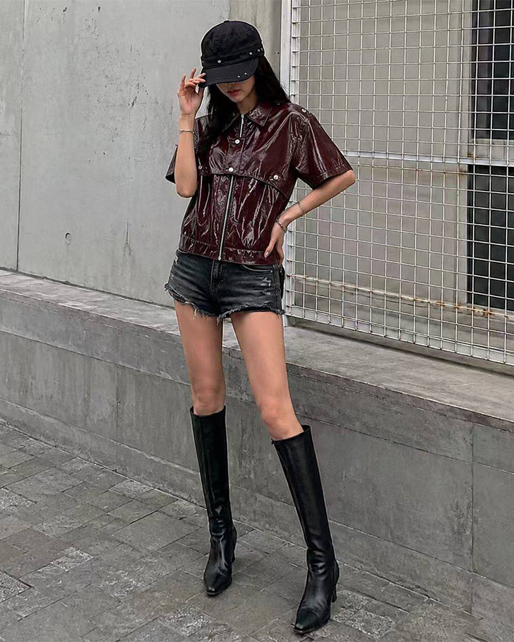 KIIKIO Gothic Glossy PU Cropped Zipper Shirt