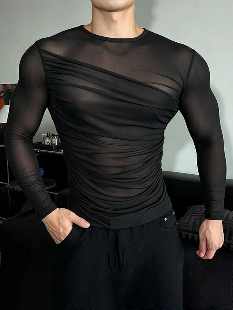 Rhinestones And Pleats Sheer Long-Sleeve Top