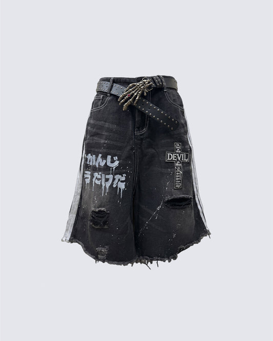 New Dark Gothic Distressed Denim Shorts