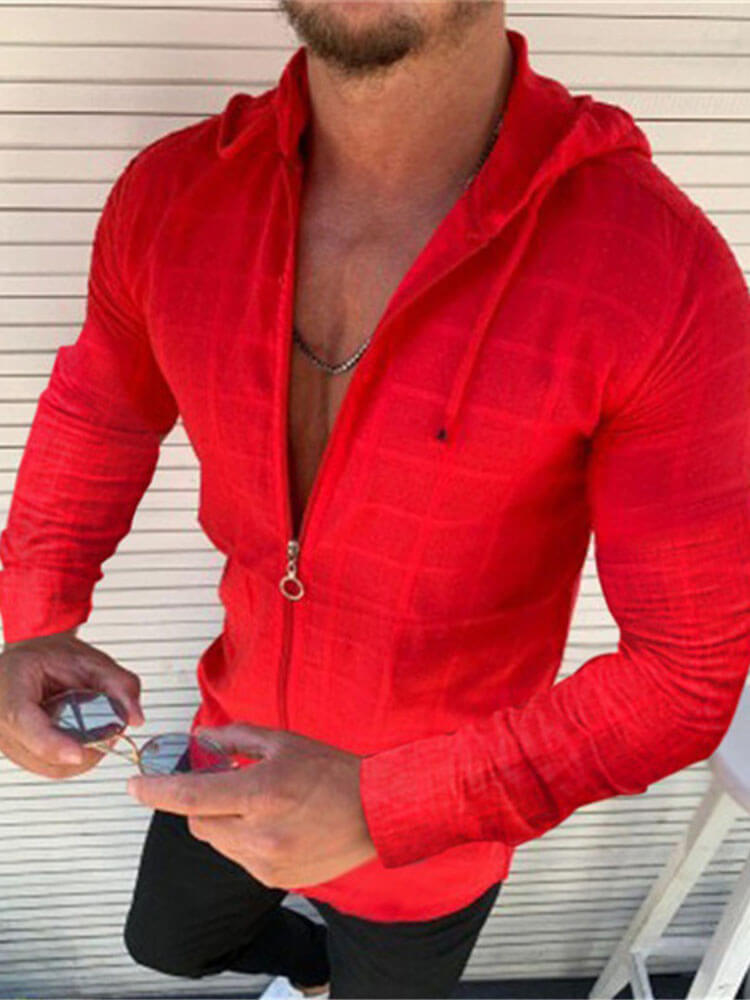 Men's Solid Color Zip-Up Slim Fit Hooded Top