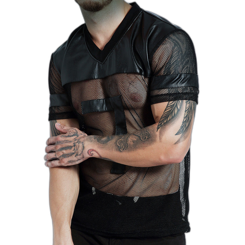 Mesh Leather Football V-Neck Tee