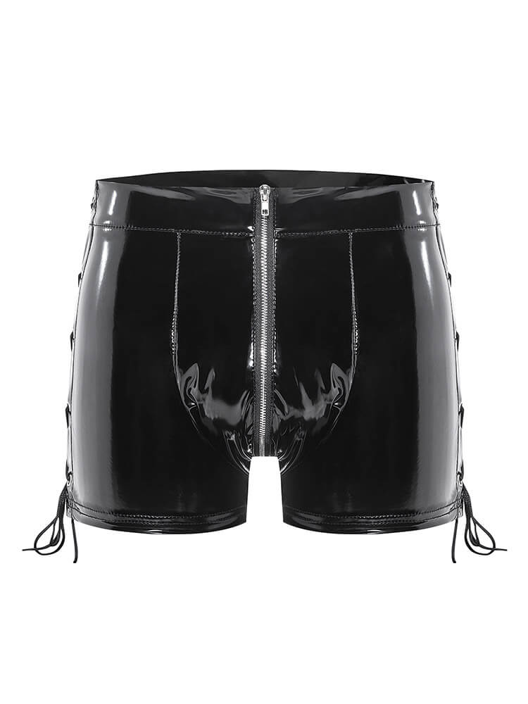 Men's Zipper Crotch Drawstring PVC Shiny Shorts