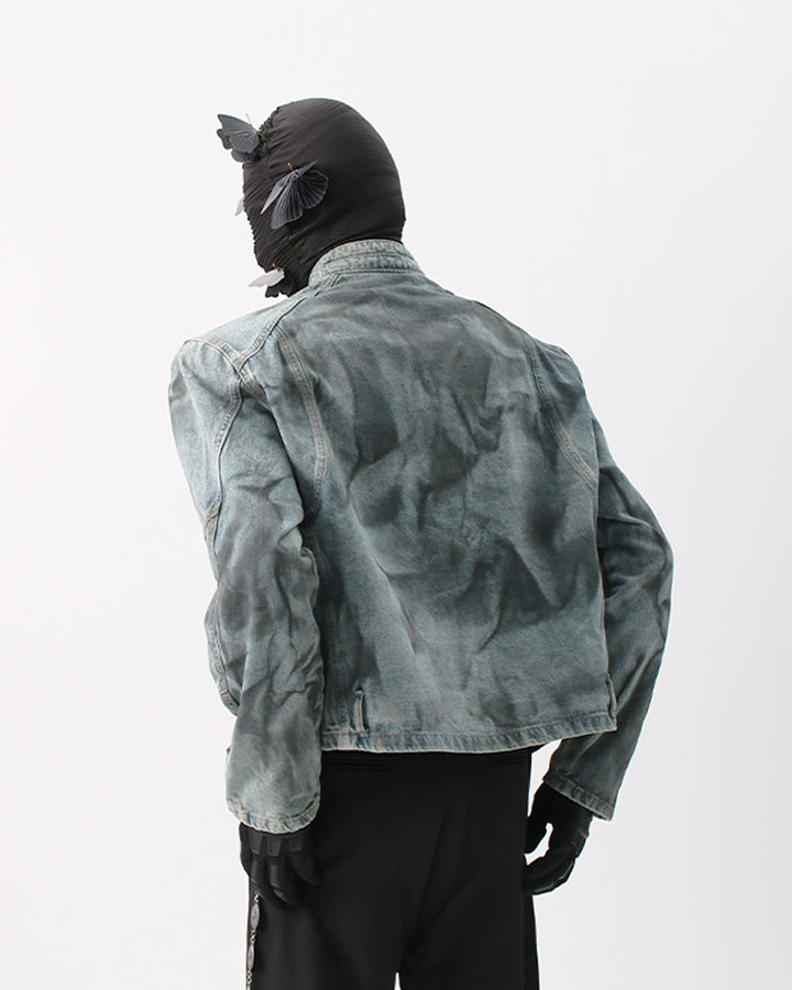 New Red Gothic Washed Belted Cropped Biker Jacket