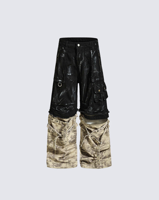 Retro Two-Tone Patchwork Split-Pocket Pants