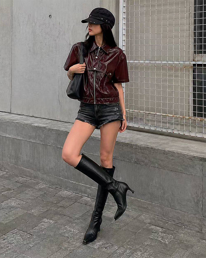 KIIKIO Gothic Glossy PU Cropped Zipper Shirt