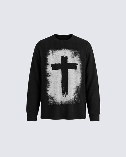 KIIKIO Vintage-Style Cross Print Long-Sleeve T-Shirt
