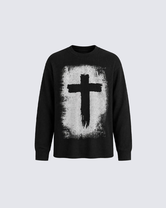 KIIKIO Vintage-Style Cross Print Long-Sleeve T-Shirt