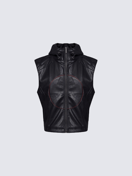 Hooded Faux Leather Sleeveless Vest with Tech Circle Detail