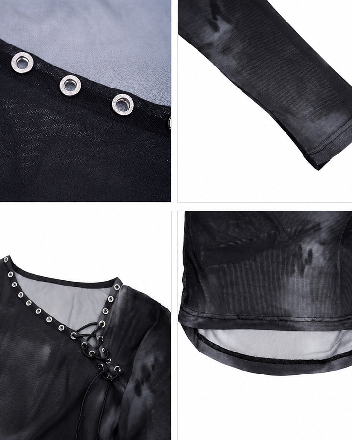 Subculture Gothic Lace-Up Sheer Mesh Long Sleeve Top New