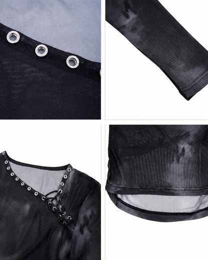 Subculture Gothic Lace-Up Sheer Mesh Long Sleeve Top New