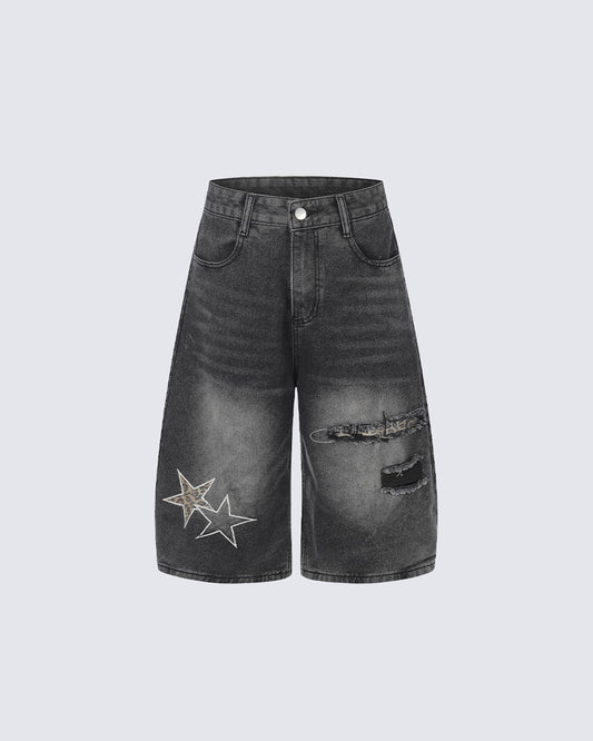 KIIKIO Y2K Star Patch Distressed Wide Denim Shorts