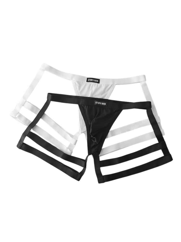2 Pack Men's Low-Rise Sexy Thong with U-Pouch and Fixed Thigh Straps