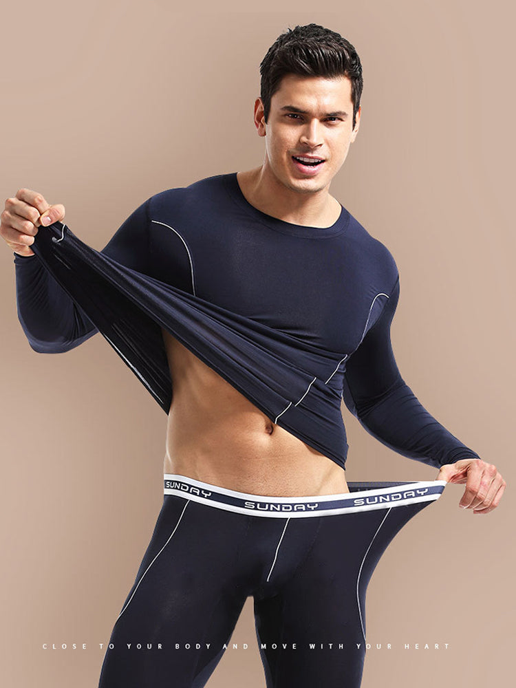 Men's Round Neck Solid Color Bamboo Fiber Thermal Underwear Set
