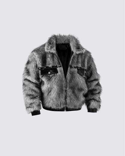 Faux Fur Bomber Jacket with Leather Details