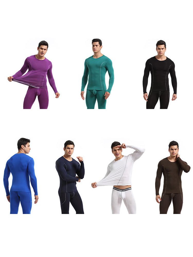 Men's Round Neck Solid Color Bamboo Fiber Thermal Underwear Set